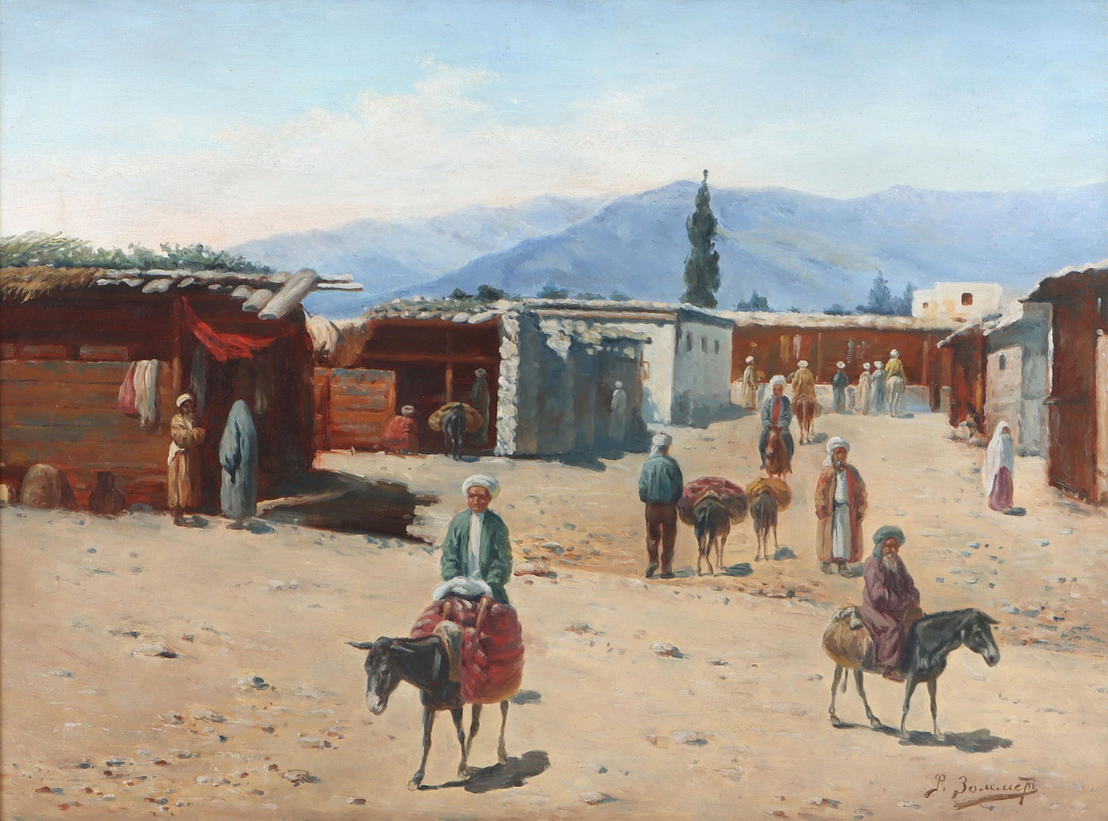Richard Karlovic Zommer (Russian, 1866-1939): Richard Karlovic Zommer Russian, 1866-1939 Desert Village oil on canvas signed in Cyrillic lower right. Canvas 24 x 32 in. (61 x 81.3 cm.), Frame 31 x 39 in. (78.7 x 99.1 cm.)