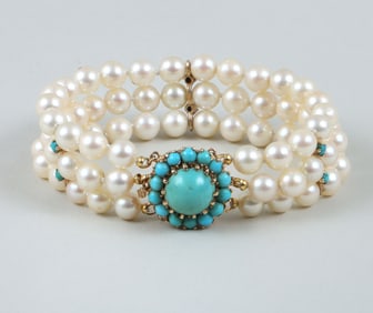 Triple-Strand Pearl, Turquoise, and 14k Gold Bracelet