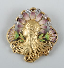 Art Nouveau Enameled Gold and Diamond Pendant Brooch