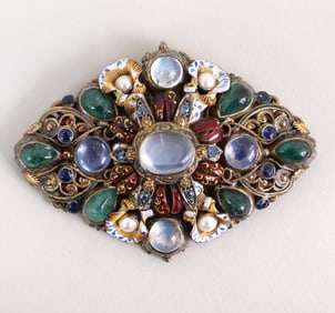 Hungarian Jeweled and Enameled .800 Silver Brooch
