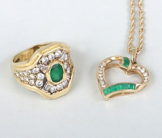 Group of (2) Emerald and Diamond Gold Jewelry