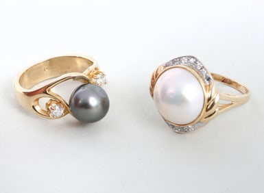 Group of (2) Pearl, Diamond, and 14k Gold Rings