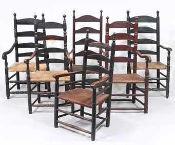 Assembled Set of (6) Early New England Ladderback Armchairs