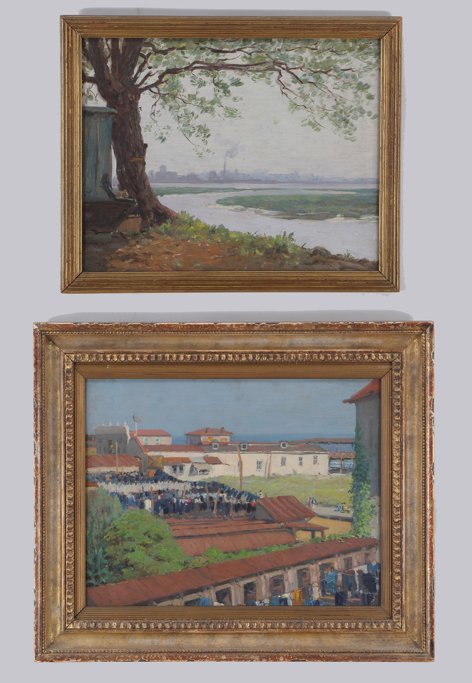 American School (20th Century): American School (20th Century), Group of (2) Paintings oil on panel, unsigned, both titled on verso, along with Christie's East auction lot stickers, to include: "Seashore, Bath Houses", inscribed "Sk