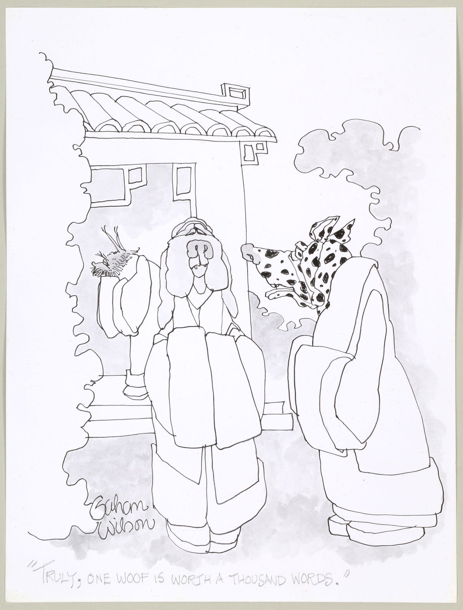Gahan Wilson (American, 1930-2019): Gahan WilsonAmerican, 1930-2019"Truly, One Woof is Worth a Thousand Words"pen, ink, and wash on papersigned in image lower left. Unframed. Published: ''Gahan Wilson's Even Weirder'', Forge: New York,