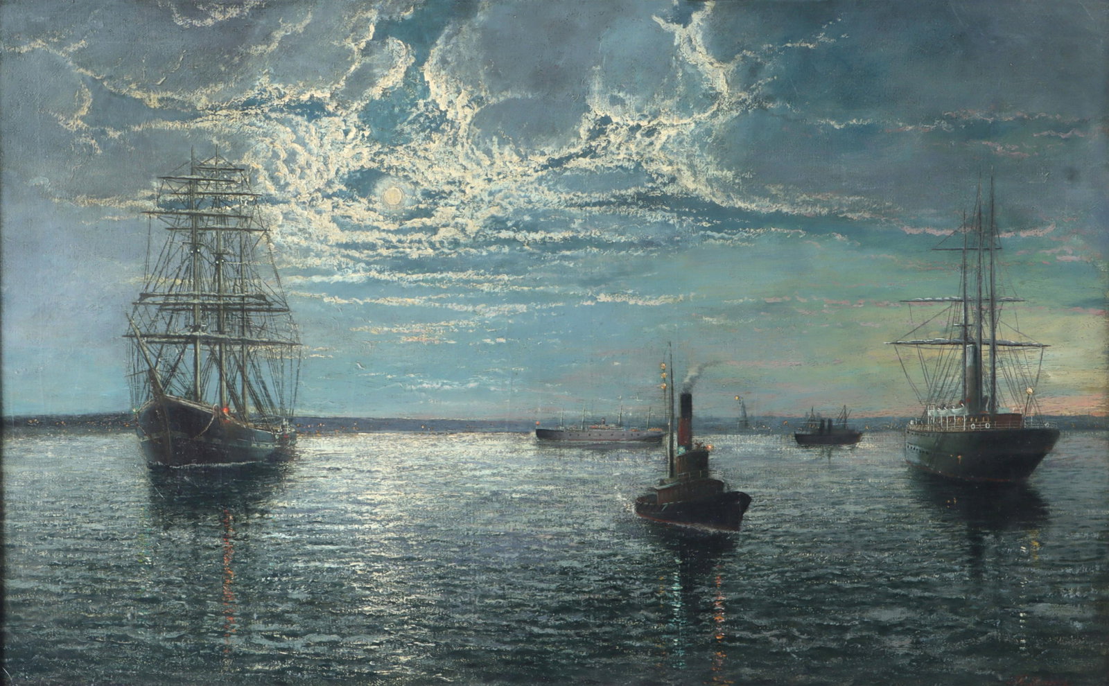 Thomas M. Jensen (Danish/American, 1831-1916): Thomas M. JensenDanish/American, 1831-1916Boats in New York Harbor, the Statue of Liberty in the Backgroundoil on canvassigned "Th. Jensen" lower right.Canvas 27 x 43 in. (68.6 x 109.2 cm.), Frame 33