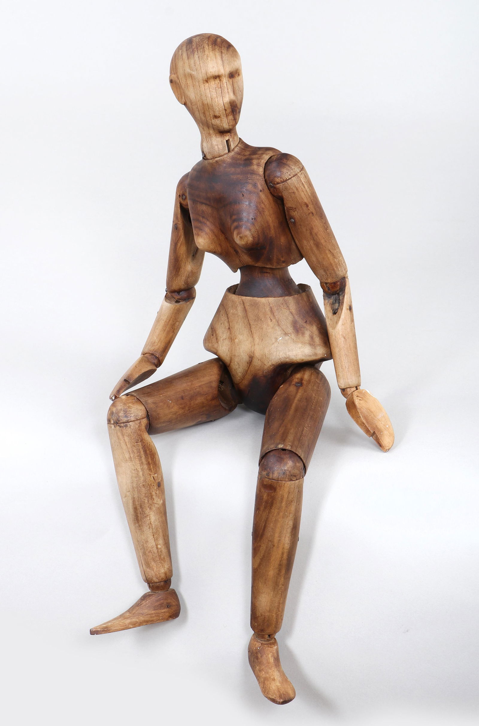French Equestrian Artist's Mannequin: French Articulated Wood Female Equestrian Artist's Mannequin or Lay Figuremarked "Maquette Artist...e, C-M-B, Fabrication Francaise, Marque Deposed" on back and marked "Depose" on side of waist.Height