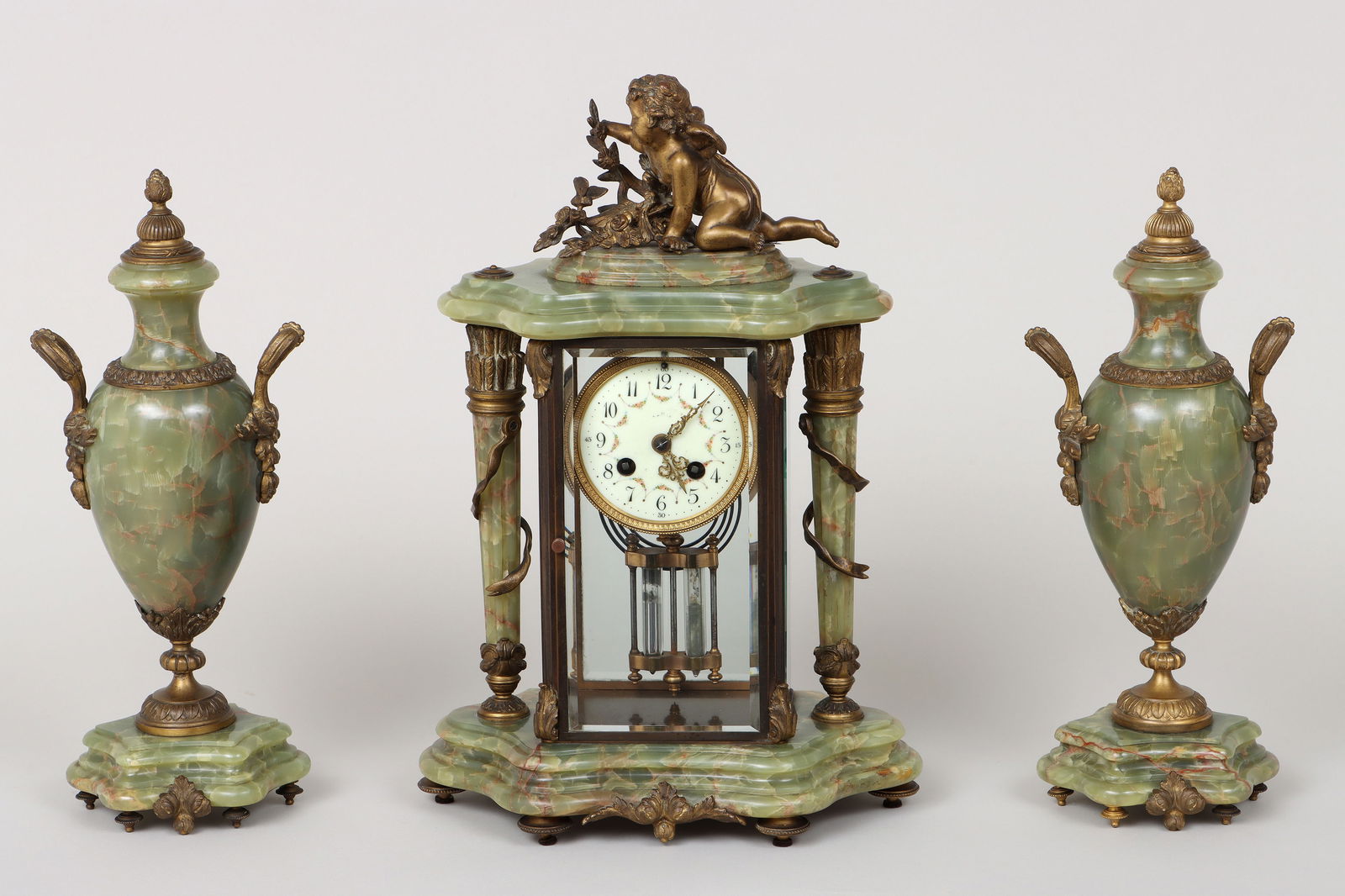 Gilt Bronze-Mounted Carved Green Onyx Clock Garniture (1 of 7)