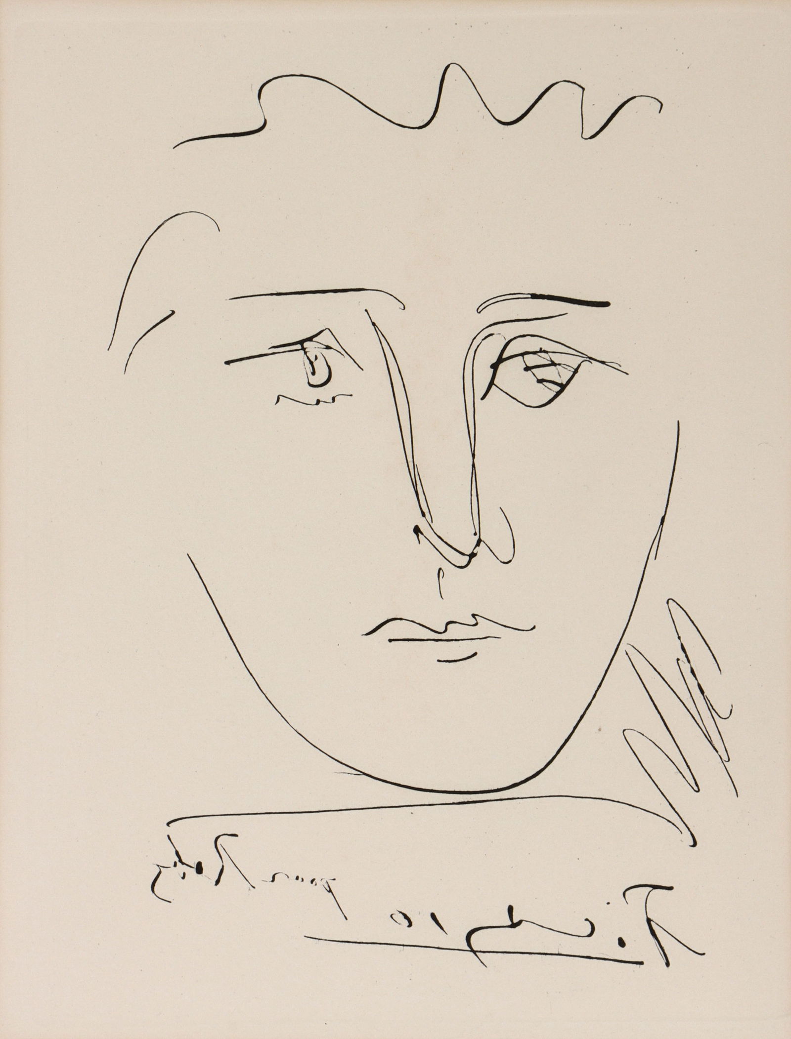 Pablo Picasso (Spanish, 1881-1973): Pablo PicassoSpanish, 1881-1973"Pour Robie", circa 1968etching on wove papersigned and titled on plate in reverse. Published by The Collector's Guild, Ltd.Matted and framed under glass.Plate sig