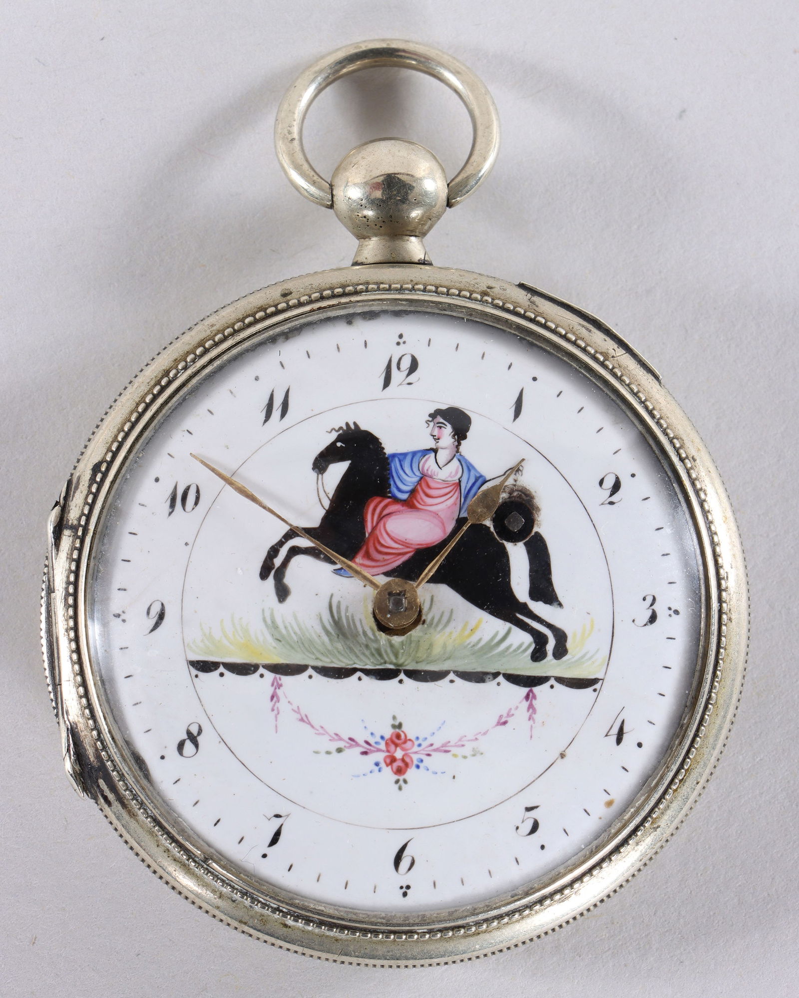Breguet Fusee Pocket Watch with Hand-Painted Dial: Breguet Fusee Pocket Watch with Hand-Painted Dialthe hand-painted dial having woman on horseback, floral festoon, and Arabic numerals, the fusee movement signed "Breguet a Paris" and stamped "28" and