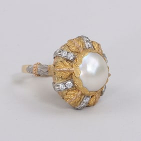 18k Buccellati-Style 18k Gold, Pearl and Diamond Ring