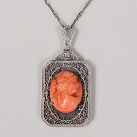 Coral Cameo 14k White Gold Pendant Necklace