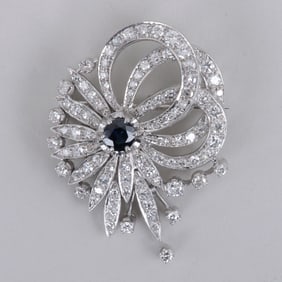 Diamond and Sapphire Platinum Brooch