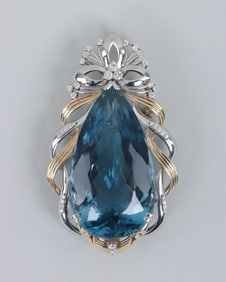 Blue Topaz, Diamond, 18k , and Platinum Brooch