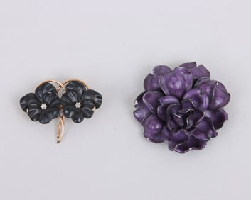 Enameled 14k Gold Flower Brooches