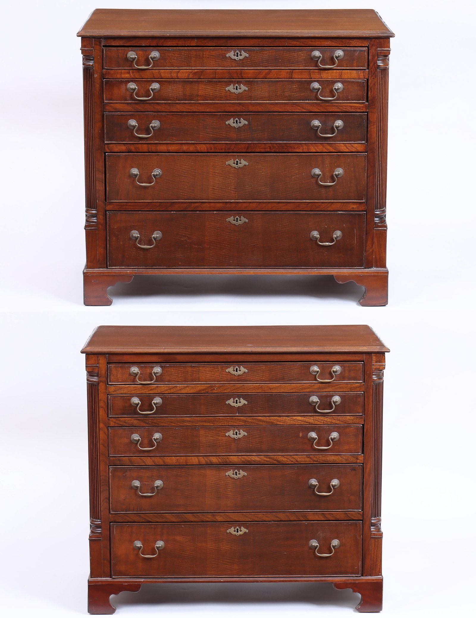 Pair of Chippendale-Style Silver Chests: Pair of Chippendale-Style Silver Chestseach having five graduated drawers, some divided with felt lining, flanked by reeded quarter columns, on bracket bases, late 19th century.30 x 33 1/4 x 18 3/4 in