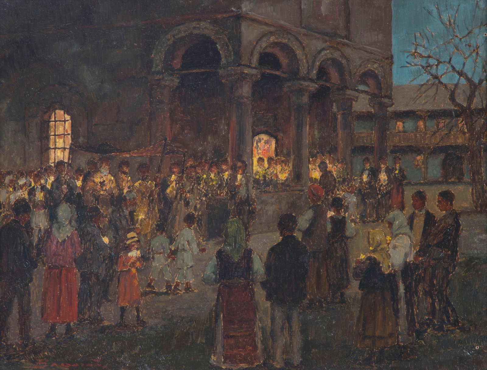 Ludovic Bassarab (Romanian, 1868-1933): Ludovic Bassarab Romanian, 1868-1933 Night Processional oil on board signed "Bassarab" lower left. Board 10 x 13 1/4 in. (25.4 x 33.7 cm.), Frame 18 x 21 1/2 in. (45.7 x 54.6 cm.)