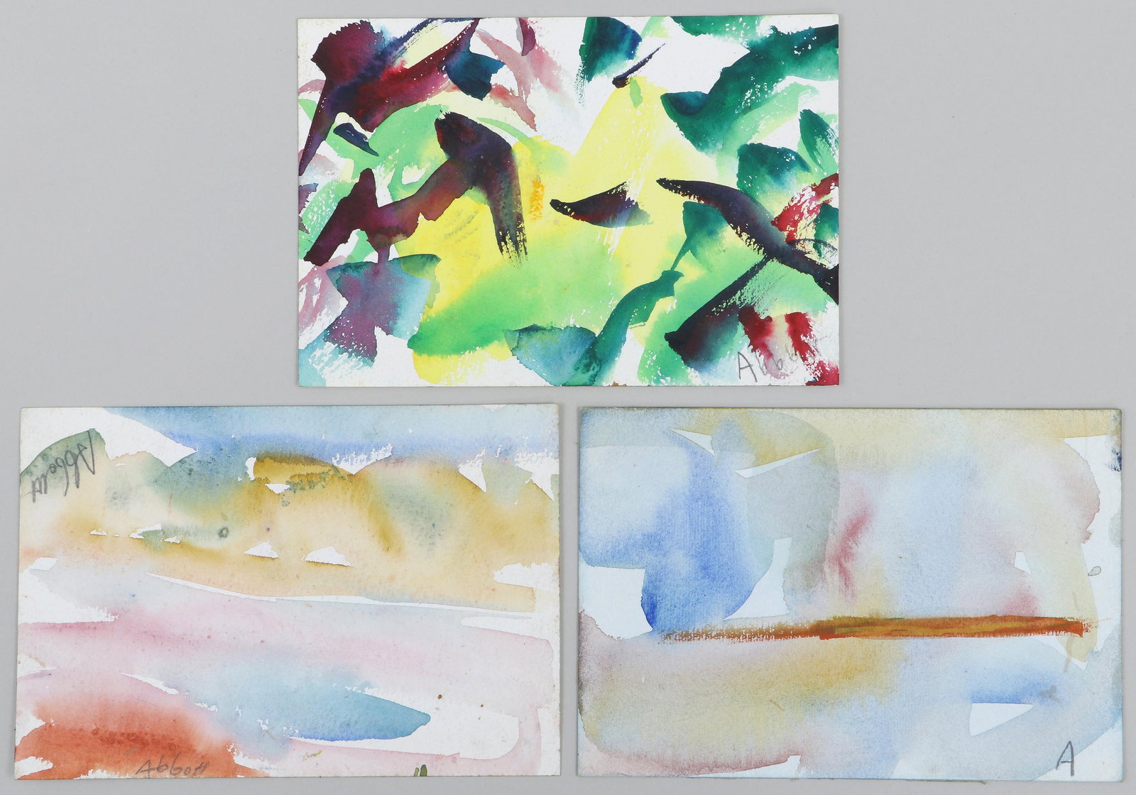 Mary Abbott (American, 1921-2019): Mary AbbottAmerican, 1921-2019Group of (3) Abstractwatercolor on paperto include: Untitled (Abstract), signed "Abbott" in pencil lower right and upside-down at upper right, (corner crease lower right)