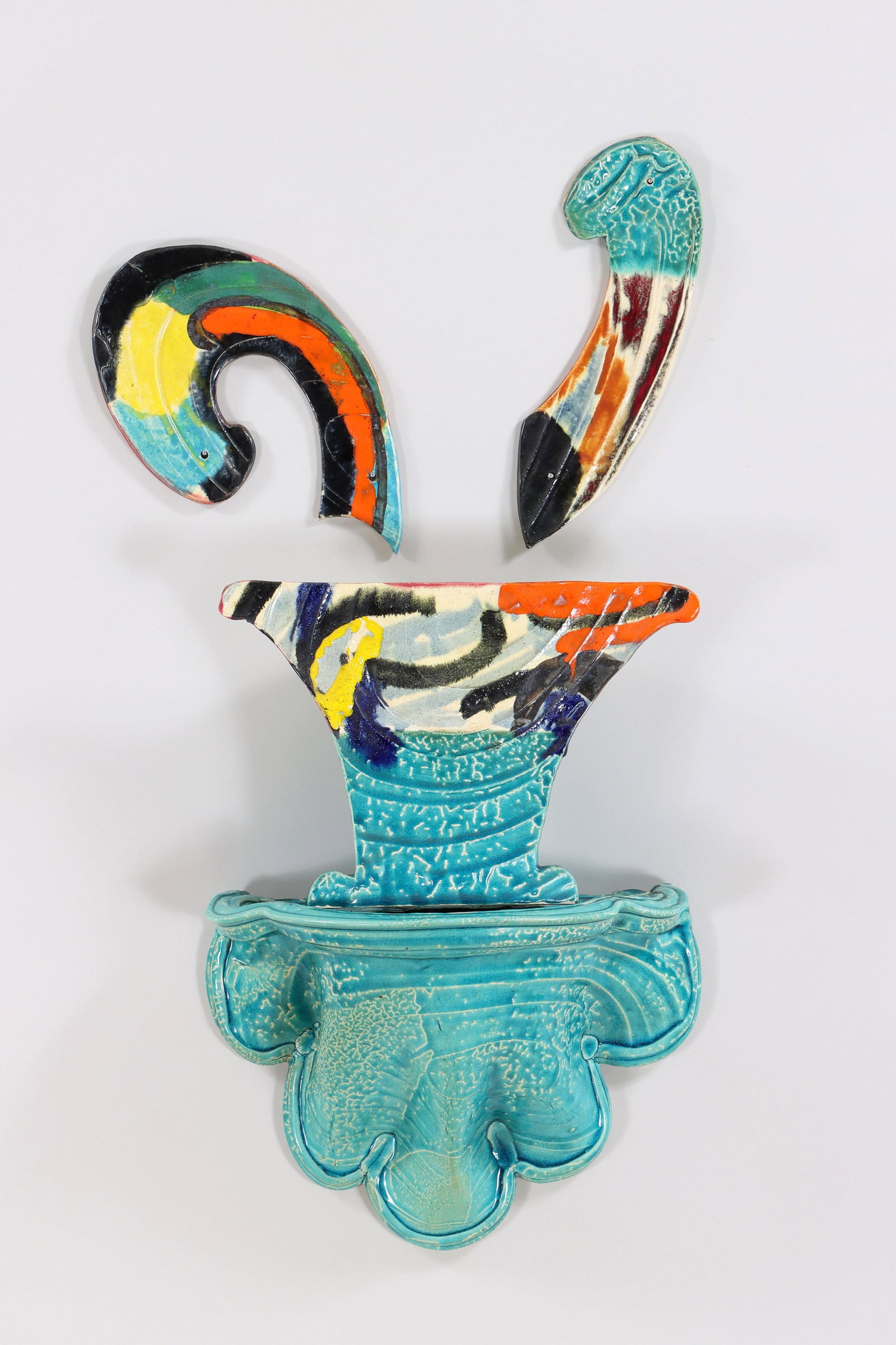 Betty Woodman (American, 1930-2018): Betty WoodmanAmerican, 1930-2018"Wallflower", 1989glazed earthenware (in four parts)impressed signature "WOODMAN" on back of central flower vase and on bottom lobe of bracket shelf, titled in oil cray