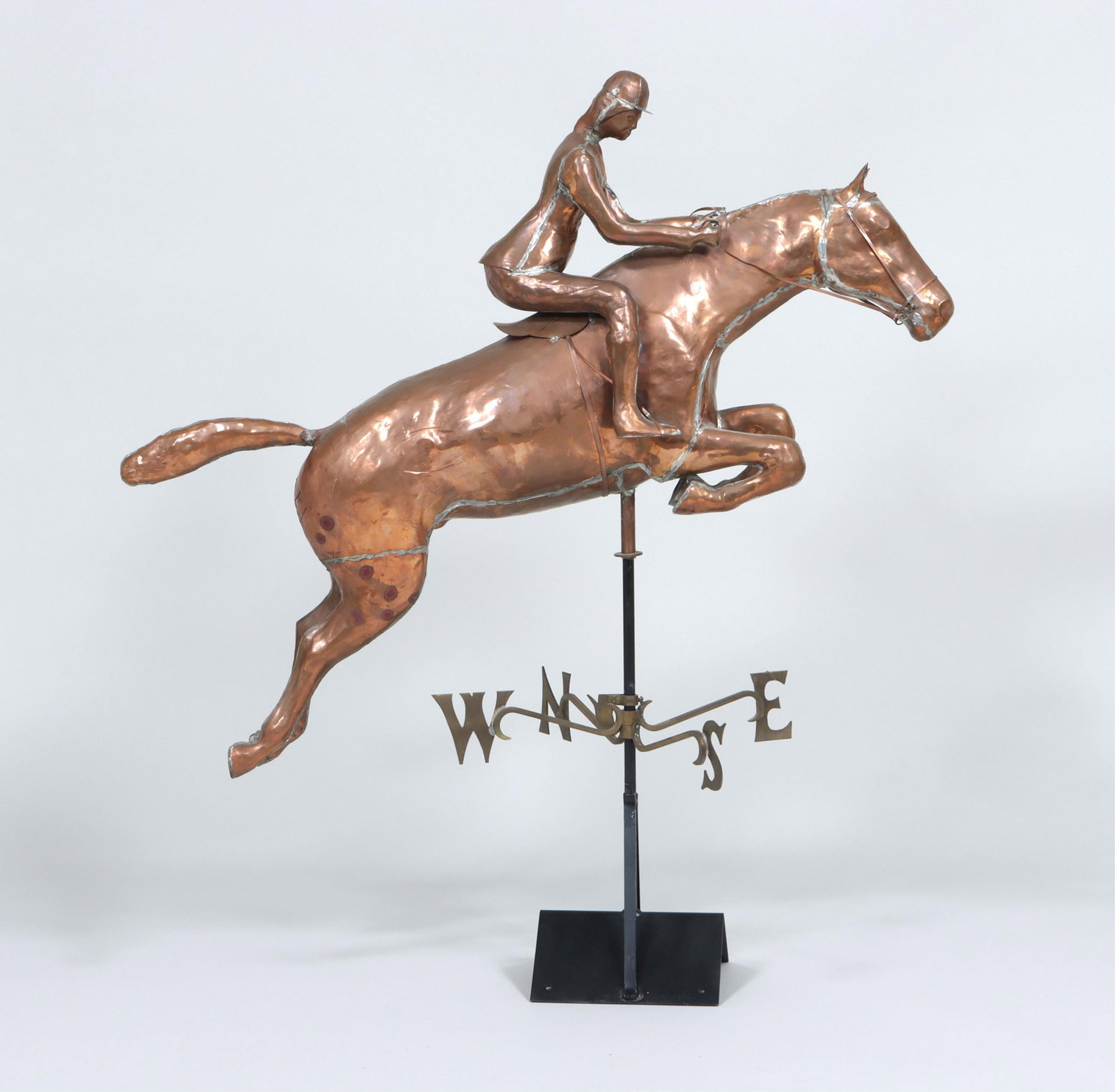 John Garrett Thew (American, 20th/21st century): John Garrett Thew American, 20th/21st century Horse and Rider Weathervane copper full-bodied, marked "John Garrett Thew, Norfolk, Conn., Hunter/Jumper 104", and signed and dated "John Thew, May 2005",