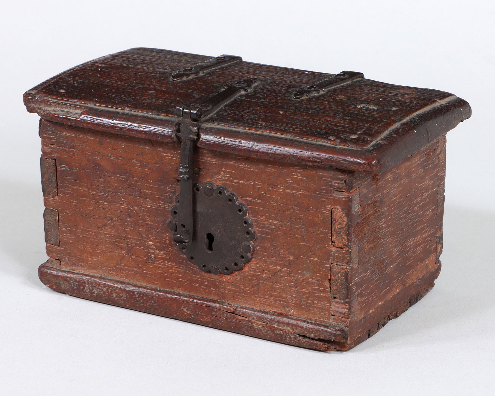 18th Century Money Box: 18th Century Wrought Iron-Mounted Wood Money Box having dovetail construction, wrought iron strap hinges, wrought iron latch, wrought iron lock with scalloped edge, interior with till, and bottom with