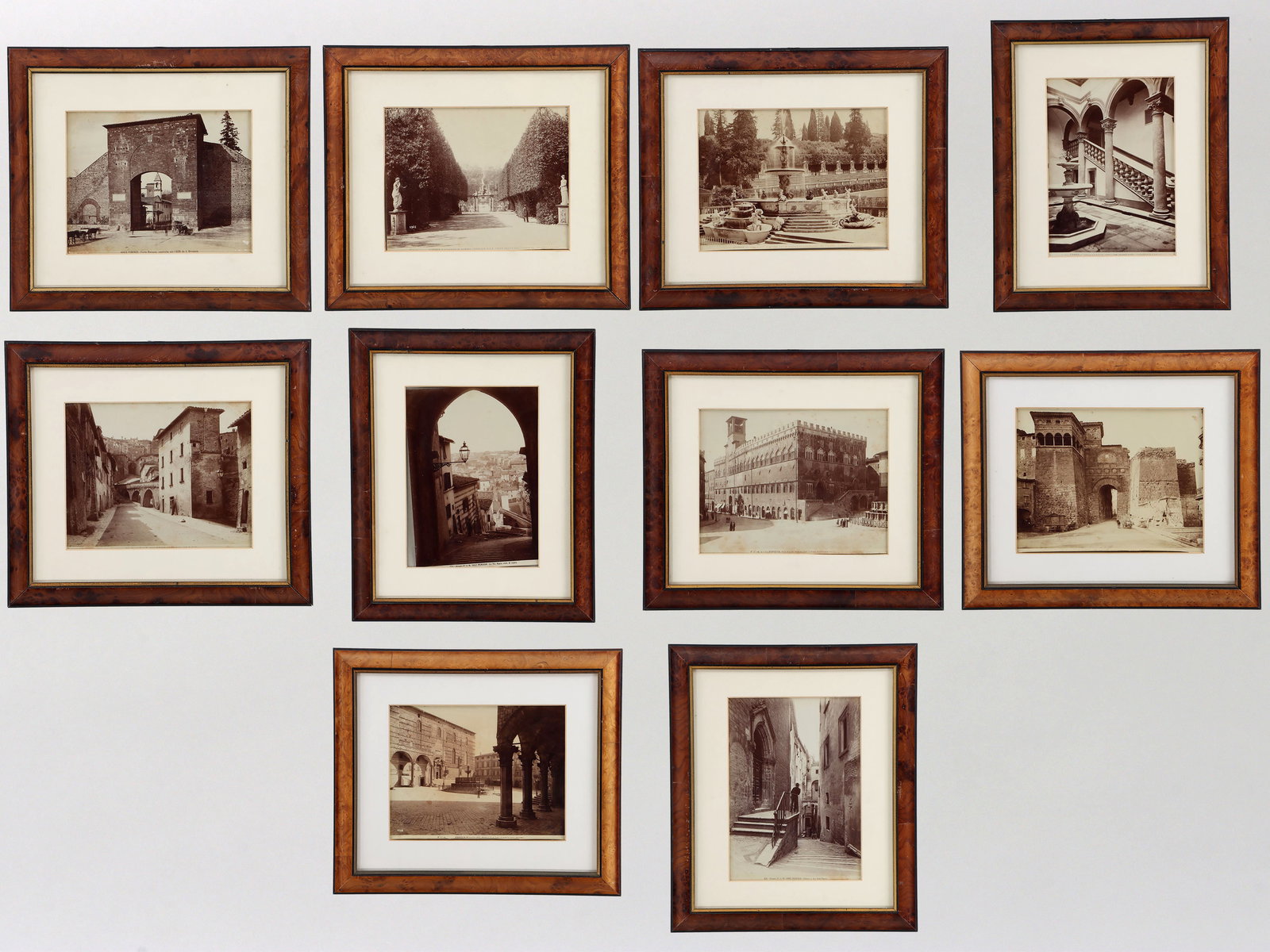 Fratelli Alinari (Italian, 19th Century): Group of (10) Albumen Prints of Italy, by Fratelli Alinari (Italian, 19th Century) to include: (4) views of Florence and (6) views of Perugia, all inscribed along the bottom. Matted and framed under g