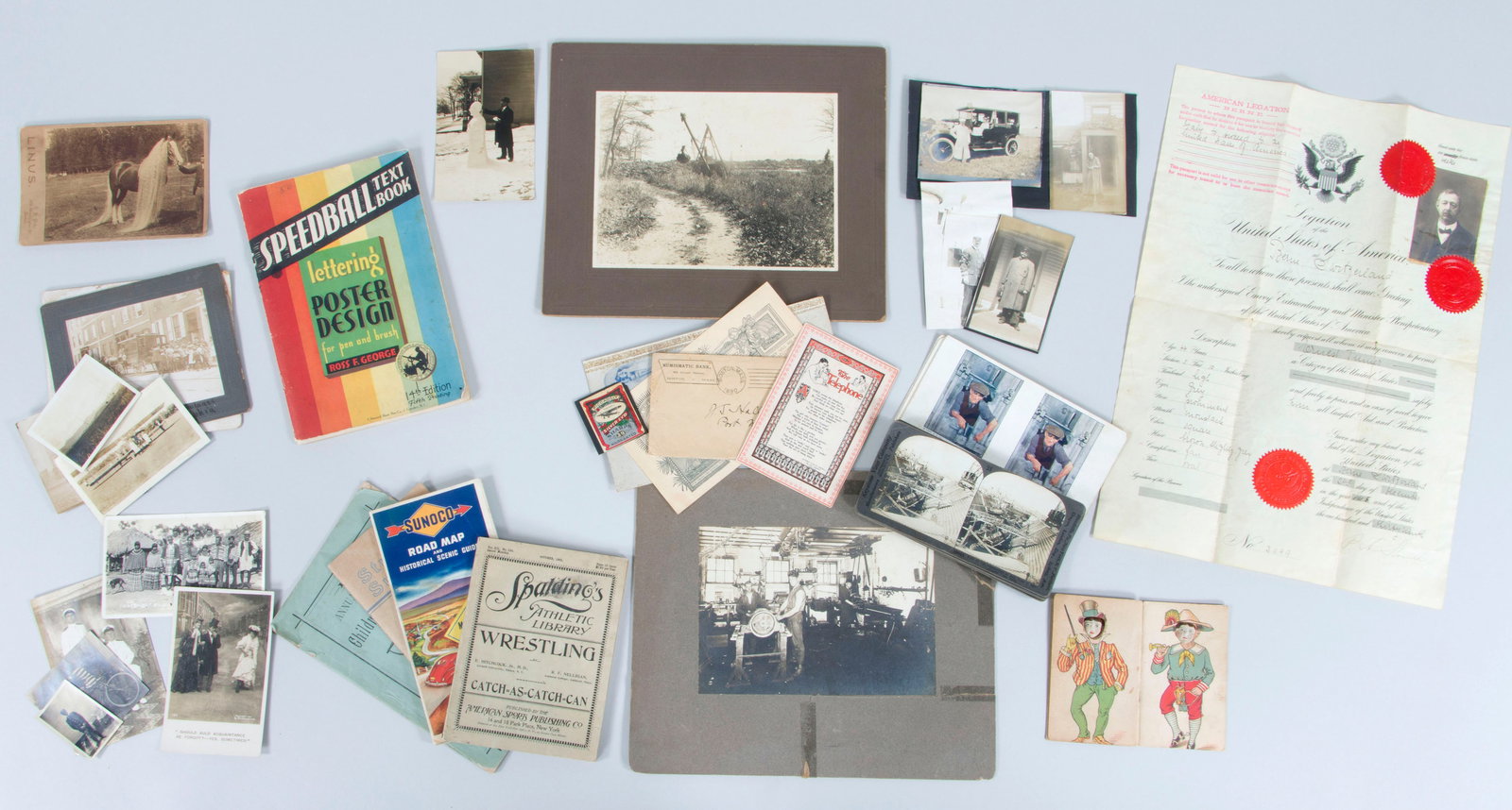 Photographs and Ephemera, 1890s-1950s: Group of (37) Photographs and Ephemera, 1890s-1950s comprising (24) photographs and (13) ephemera Photographs to include: (7) stereoviews, comprising four of the 1906 San Francisco earthquake, and fou