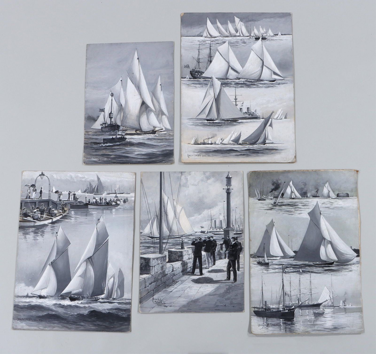 Charles John de Lacy (British, 1856-1929): Charles John de Lacy British, 1856-1929 Group of (5) Illustrations of the Cowes Regatta, 1896-1899 gouache on illustration board signed on recto, most titled, inscribed and dated on recto or verso, pu