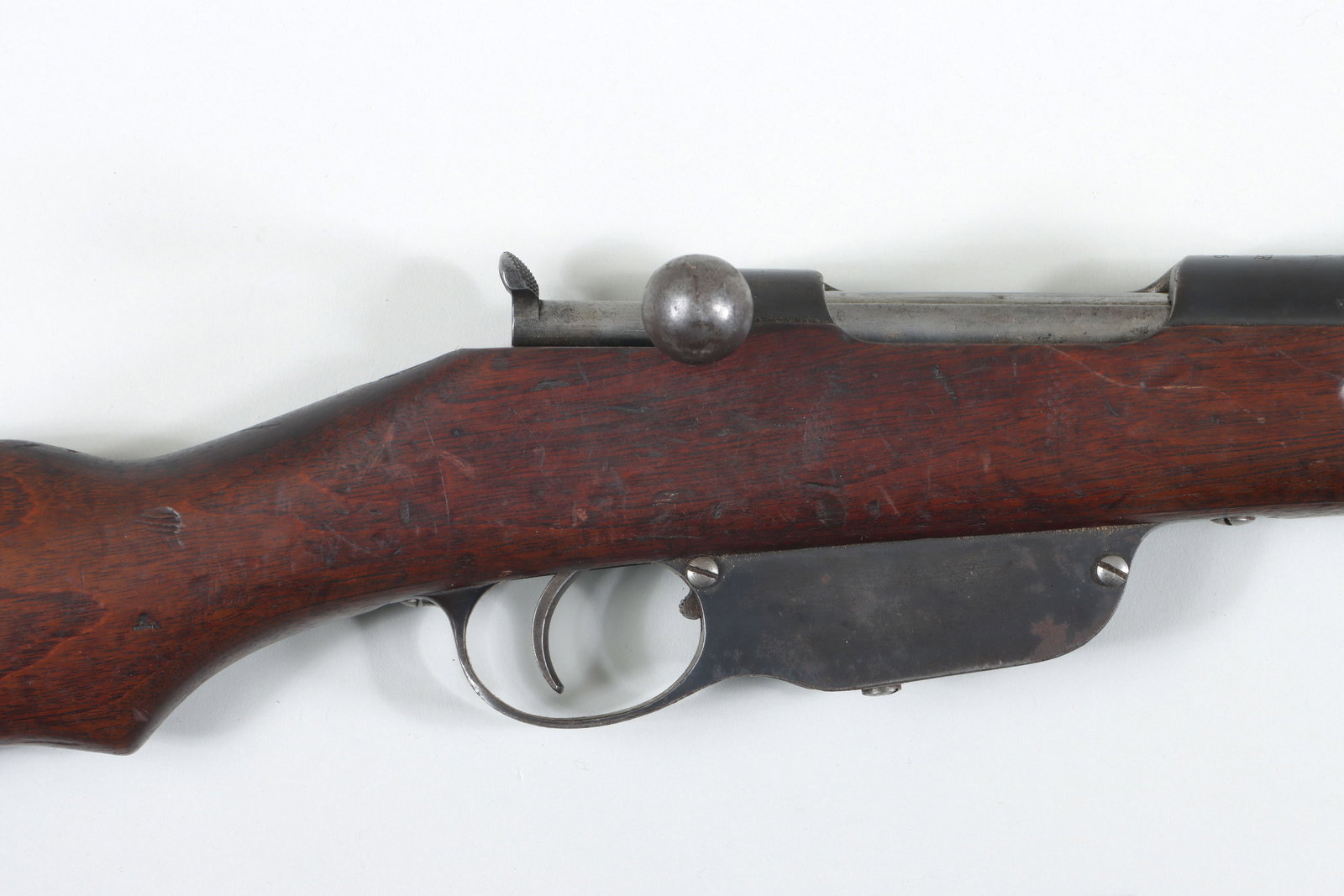 Steyr Mannlicher M95 Repeating Carbine: Steyr Mannlicher M95 Repeating Carbine using the Pull-Push Bolt Action, in 8x50R The barrel measures 20" with a bright, excellent bore. The front blade sight can be adjusted by tapping left or right. 