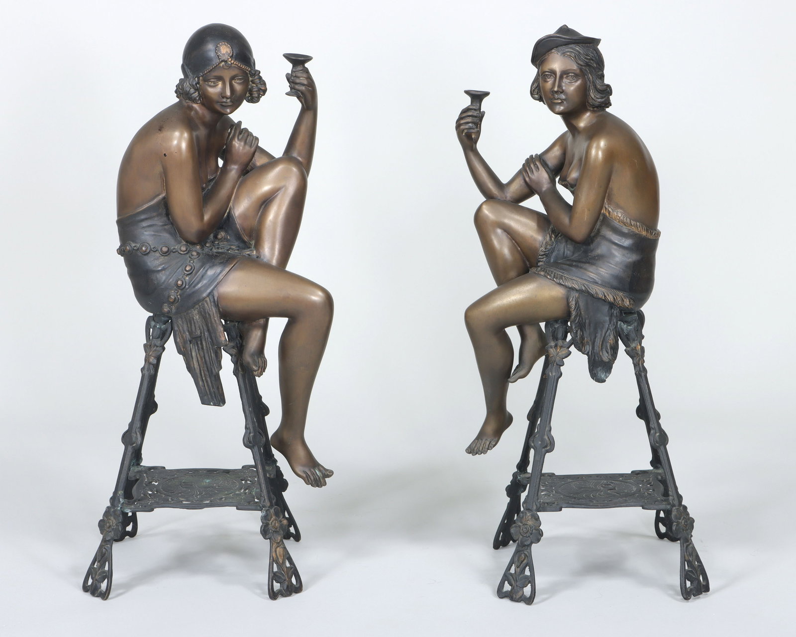 After Fernando De Luca (Italian, 19th/20th century): After Fernando De Luca Italian, 19th/20th century Pair of Art Deco "Champagne Girls" bronze signed "A. de Luca". Height 31 in. (78.7 cm.)