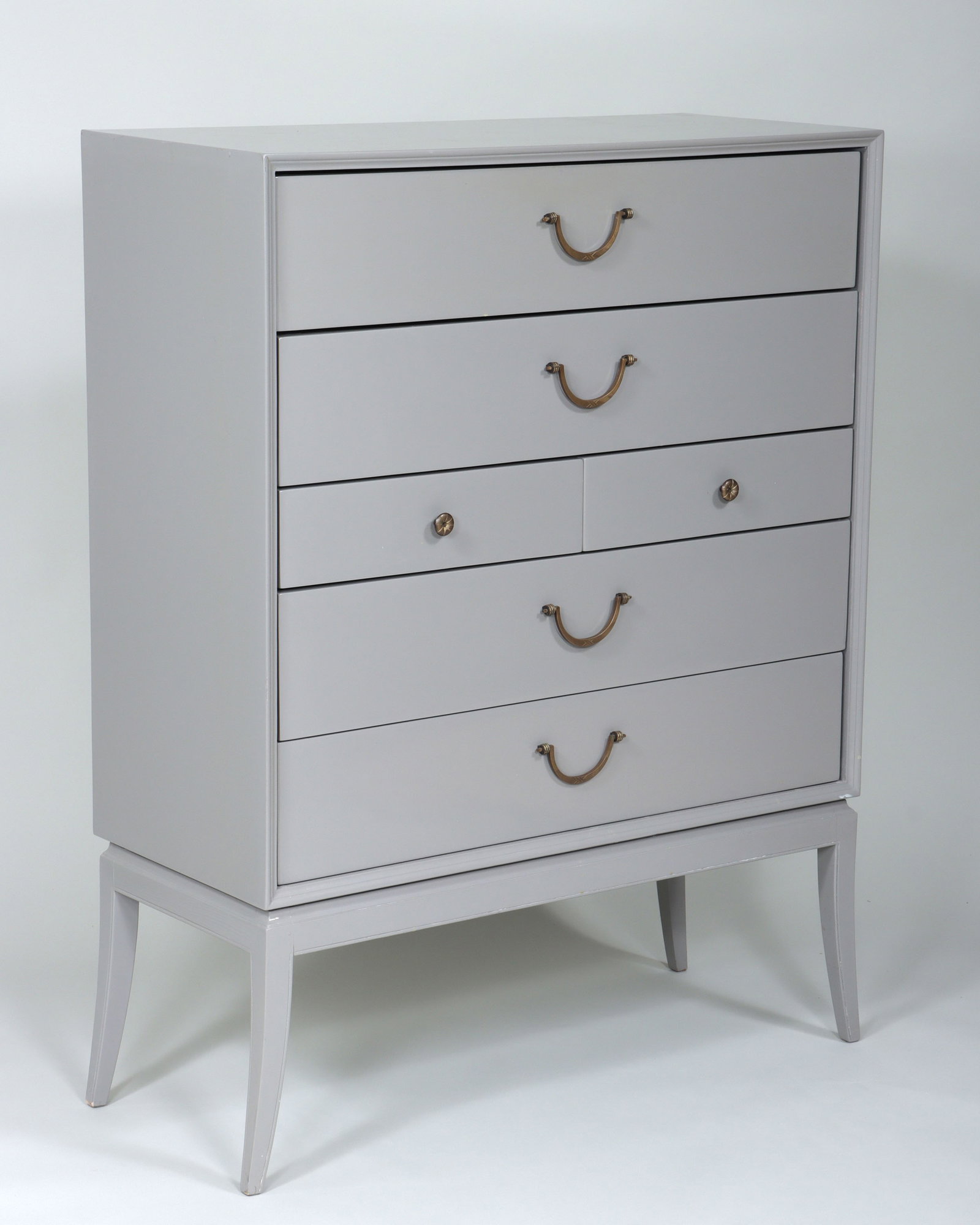 Chelsea Textiles Parzinger-Style Chest of Drawers: Chelsea Textiles Parzinger-Style Chest of Drawers in grey lacquer with brass hardware, having four long drawers and two middle short drawers, on splayed legs. 49 3/4 x 38 1/4 x 16 1/2 in. (126.4 x 97.