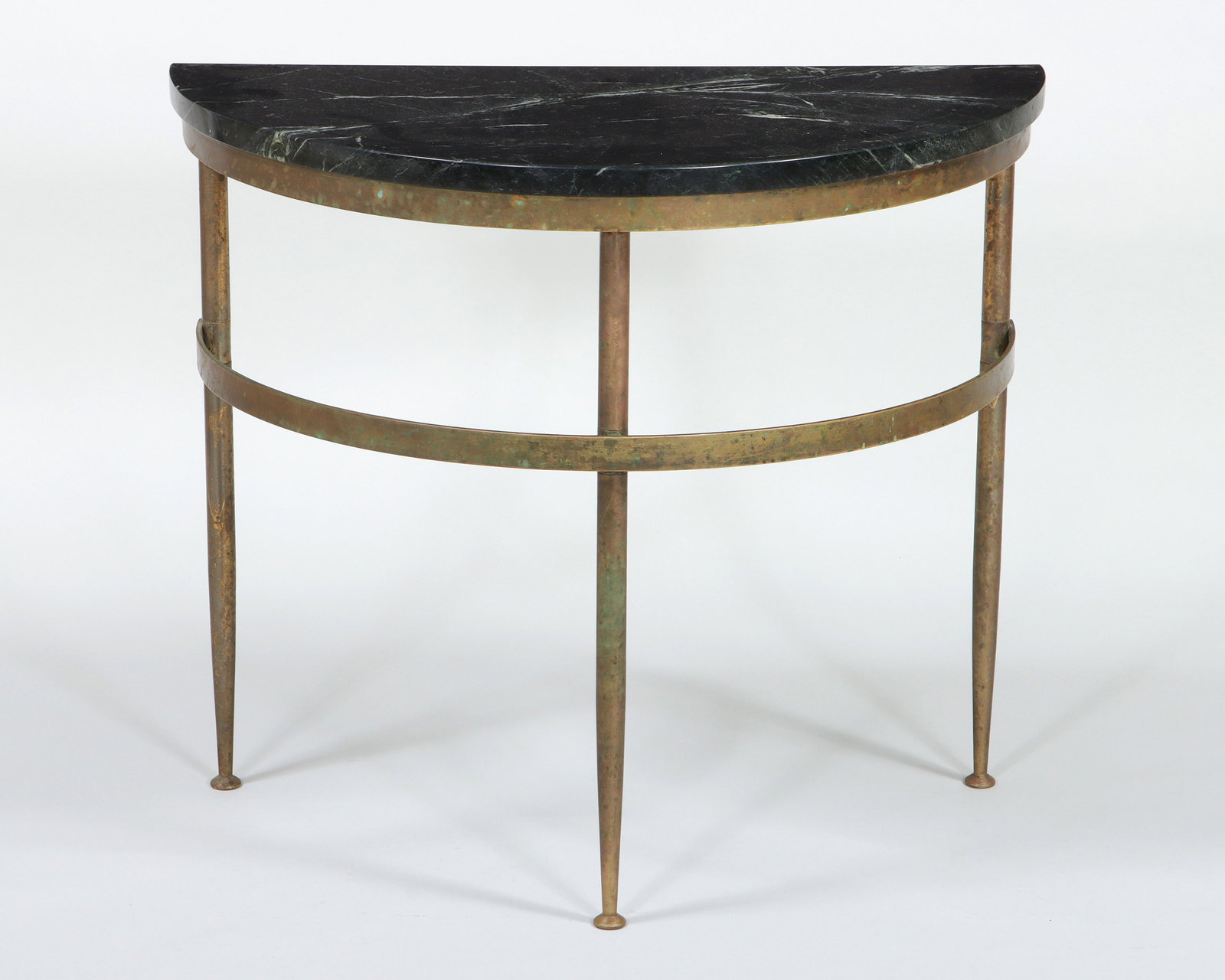 Marble Top and Bronze Demilune Table: Marble Top and Bronze Demilune Table on three round tapering legs with demilune stretcher support. 26 1/4 x 30 x 15 in. (66.7 x 76.2 x 38.1 cm.)