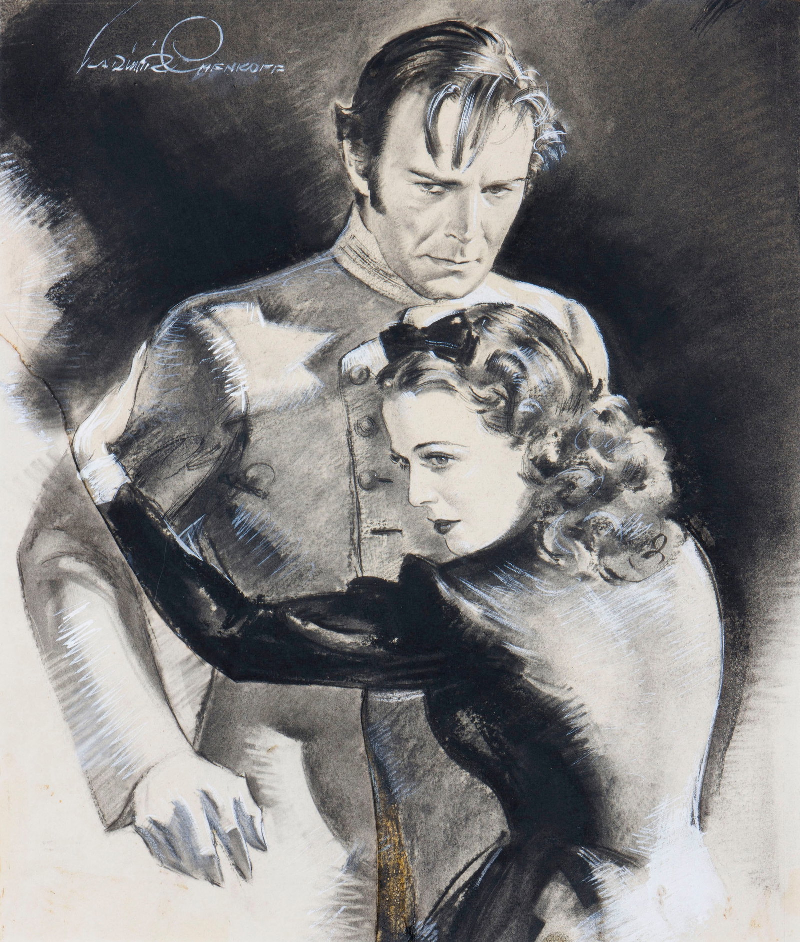 Vladimir Chenkoff, Illustration: Vladimir Chenkoff unknown Illustration for the film "So Red the Rose" charcoal, ink and gouache with collage on illustration board signed upper left. Matted and framed under glass. Together with Belgi