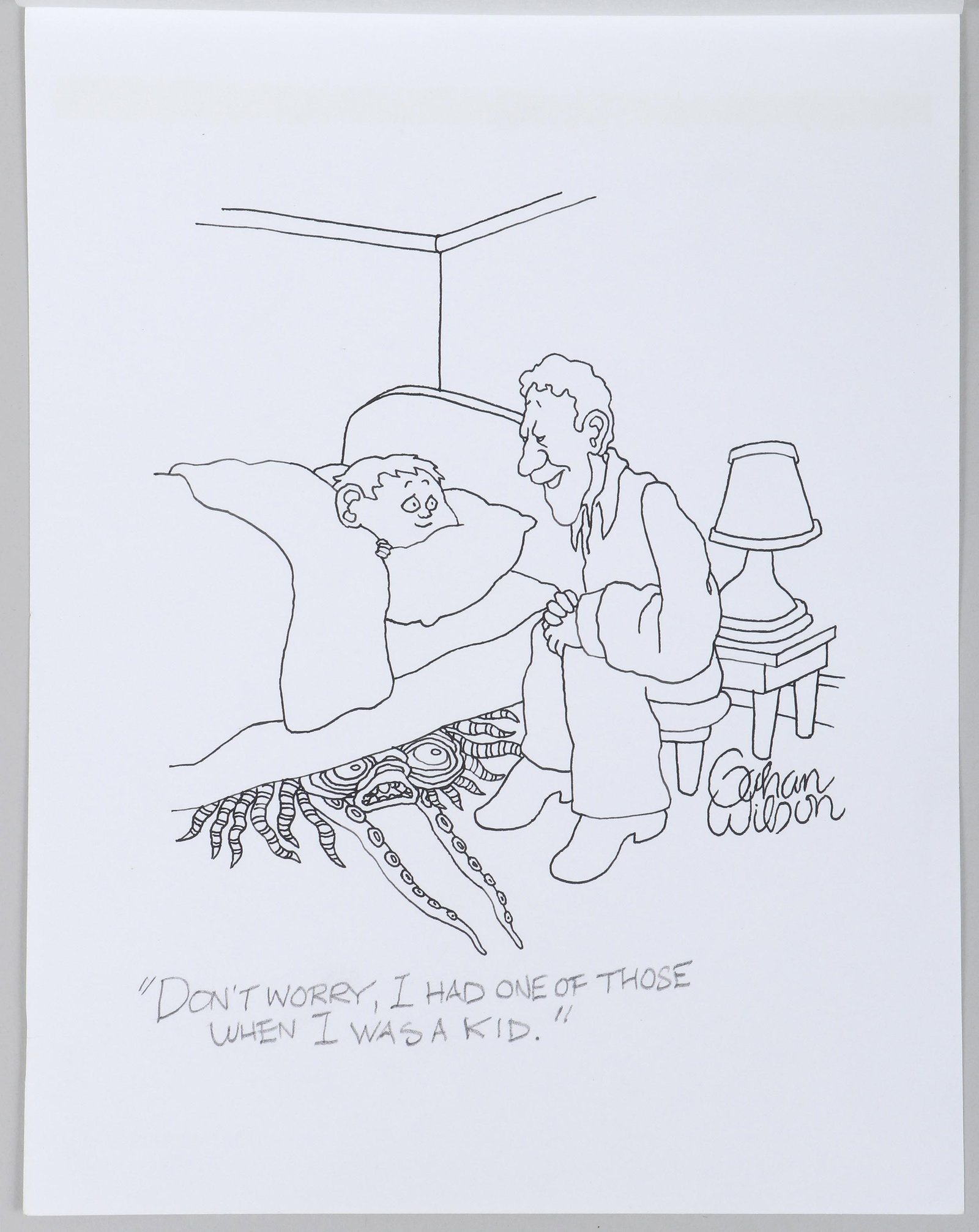 Gahan Wilson (American, 1930-2019): Gahan Wilson American, 1930-2019 New Yorker Cartoon: "Don't Worry, I Had One of Those When I Was a Kid." pen and ink on paper signed lower right, New Yorker inventory label on verso. Unframed. P