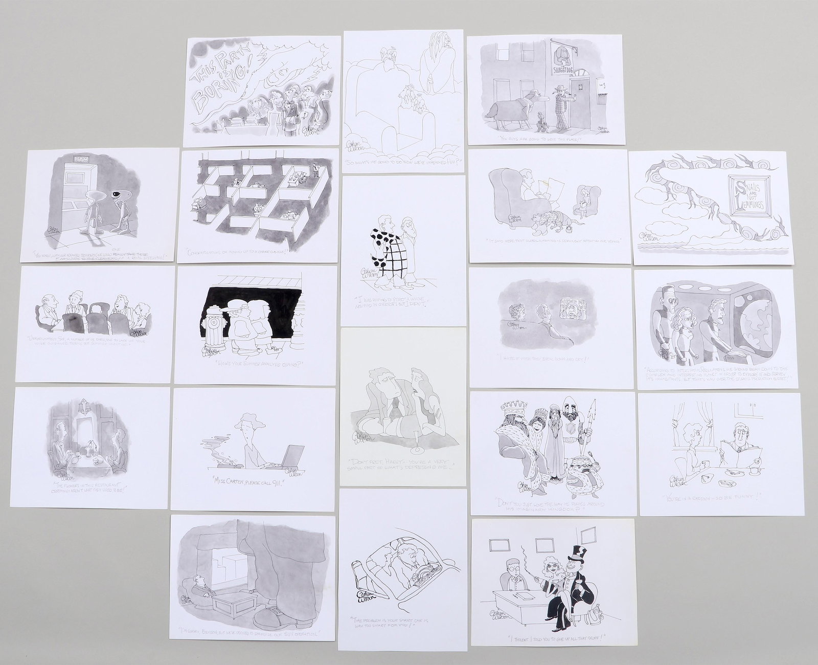 Gahan Wilson (American, 1930-2019): Gahan Wilson American, 1930-2019 Group of (20) Unpublished Cartoons pen, ink and wash on paper all but one signed, many appear to be working drafts. Unframed. 8 1/2 x 11 in. (21.6 x 27.9 cm.), and the