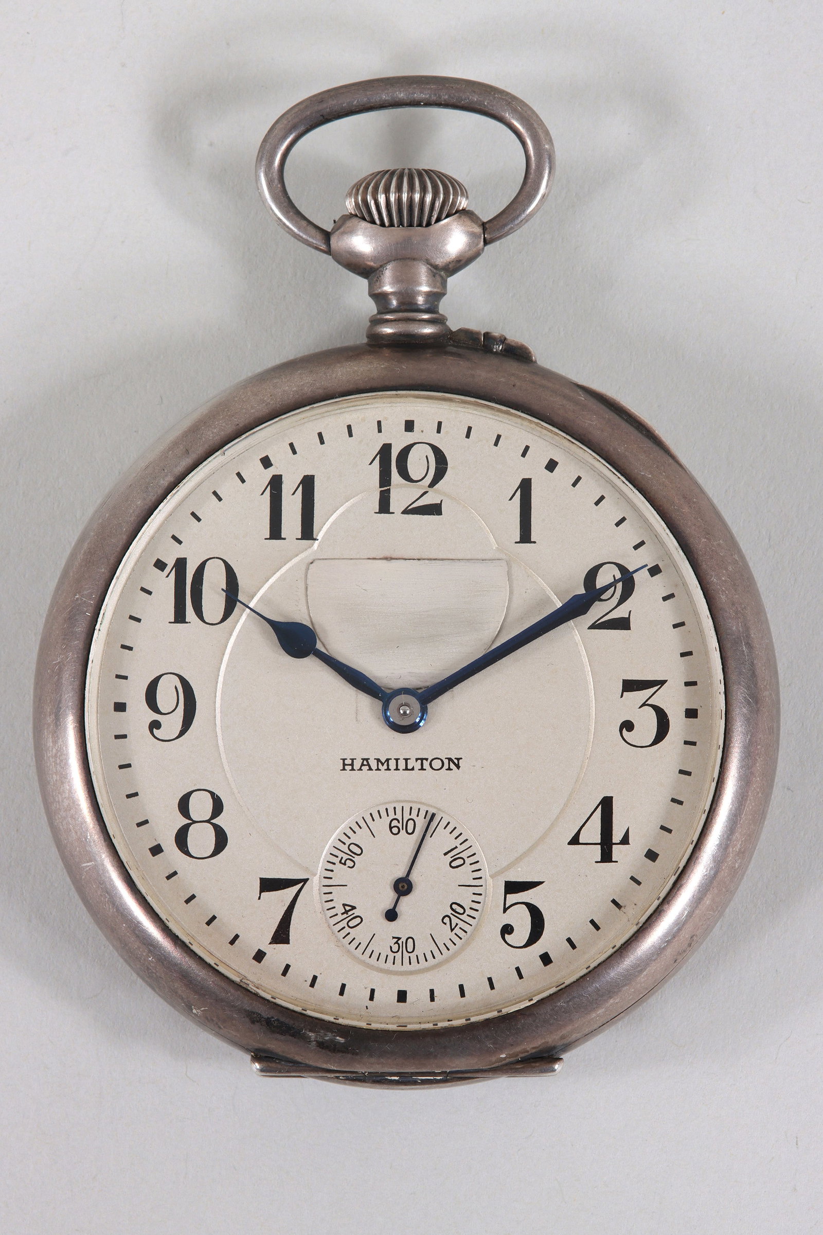 Hamilton Sterling U.S. Navy Chronometer Pocket Watch: Hamilton Sterling Silver U.S. Navy Chronometer Pocket Watch 21 jewels, movement no. 1260457, case no. 79732, the open-face watch having dial with Arabic numerals, blue steel hands, and sub-dial for se