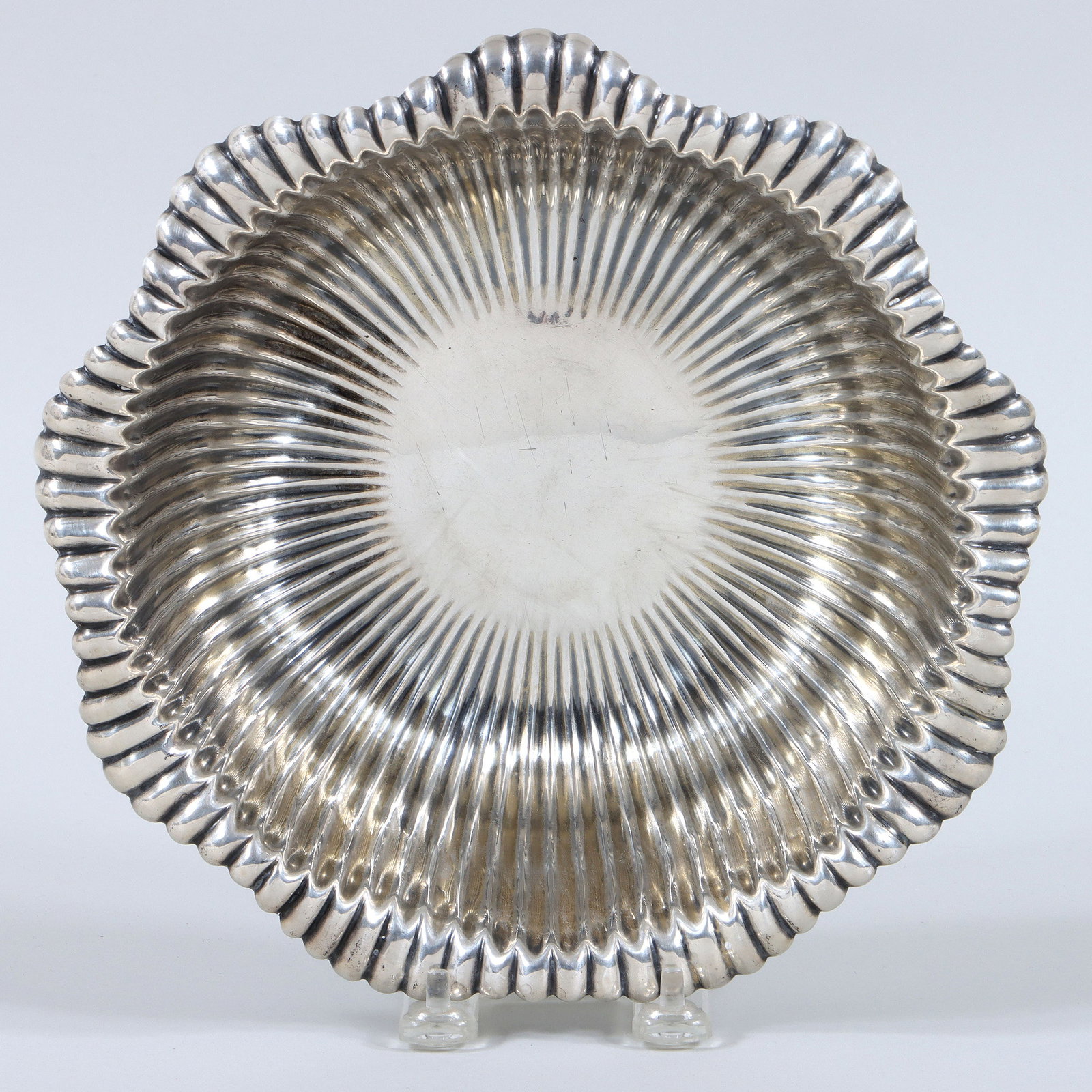 American Sterling Fruit Serving Bowl: American Sterling Silver Fruit Serving Bowl Whiting Mfg. Co., New York, NY, c. 1866-1926 in pattern no. 2447, with ribbed sides and ruffled rim, marked on bottom. 3 1/8 in. x 9 1/2 in. dia. (7.9 cm. x