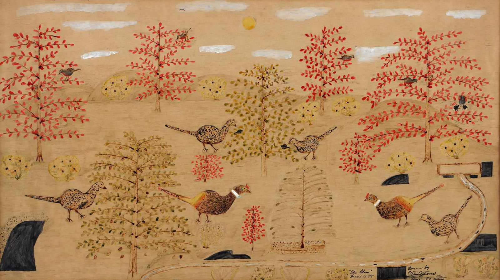 Self-Taught Folk Art Watercolor, "The Glen", 1948: Self-Taught Folk Art Watercolor, "The Glen", 1948 pencil, ink and watercolor, signed and inscribed "Drawn by, W.E. Ostrow, age 80 Years", dated "Mar. 1, 1948". Matted and framed under glass. Sight 19 