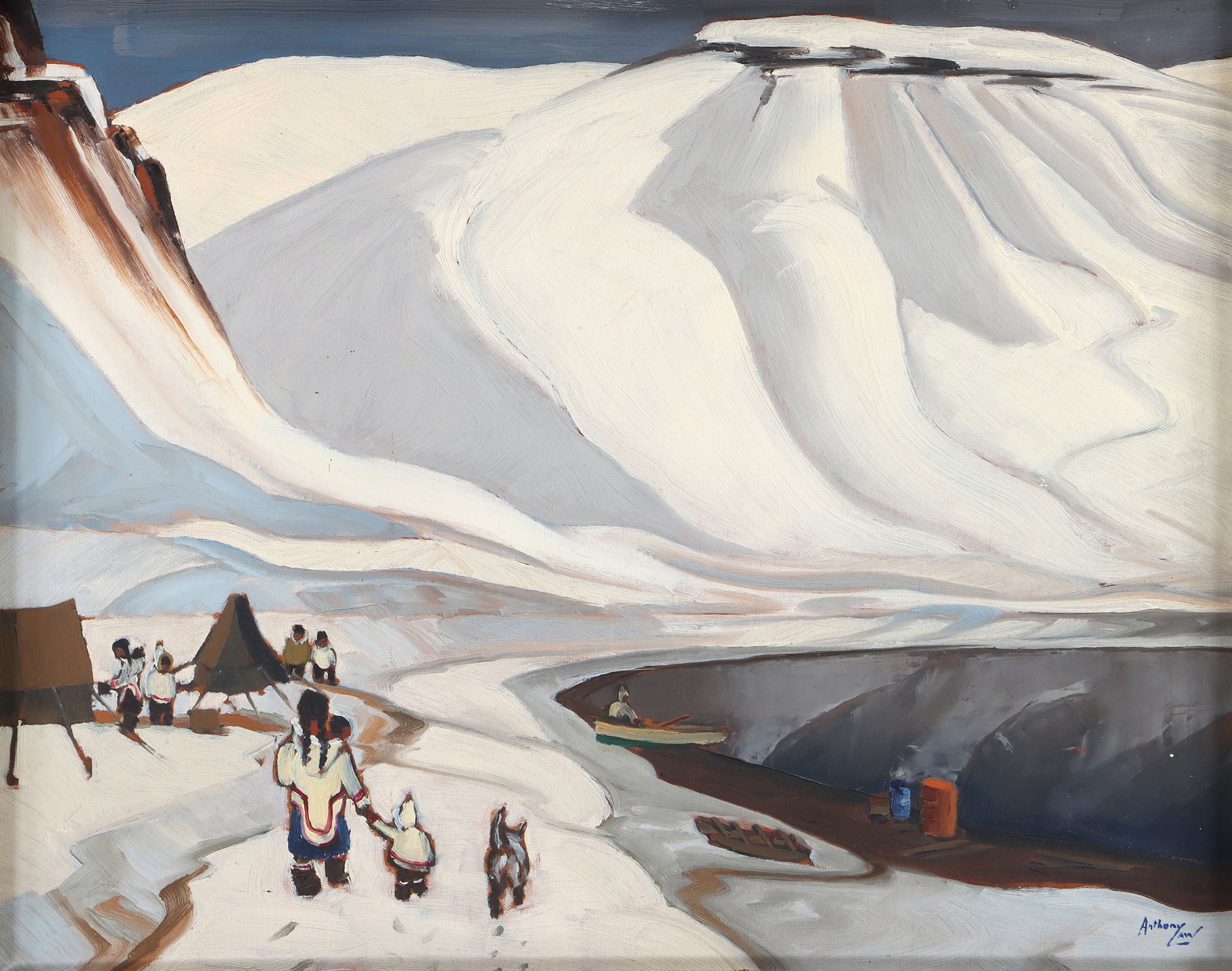 Charles Anthony Law (Canadian, 1916-1996): Charles Anthony Law Canadian, 1916-1996 "Eskimo Camps, Arctic Bay, Baffin Island" oil on panel signed "Anthony Law" lower right, titled on panel verso. Panel 19 x 24 in. (48.3 x 61 cm.), Frame 27 x 32