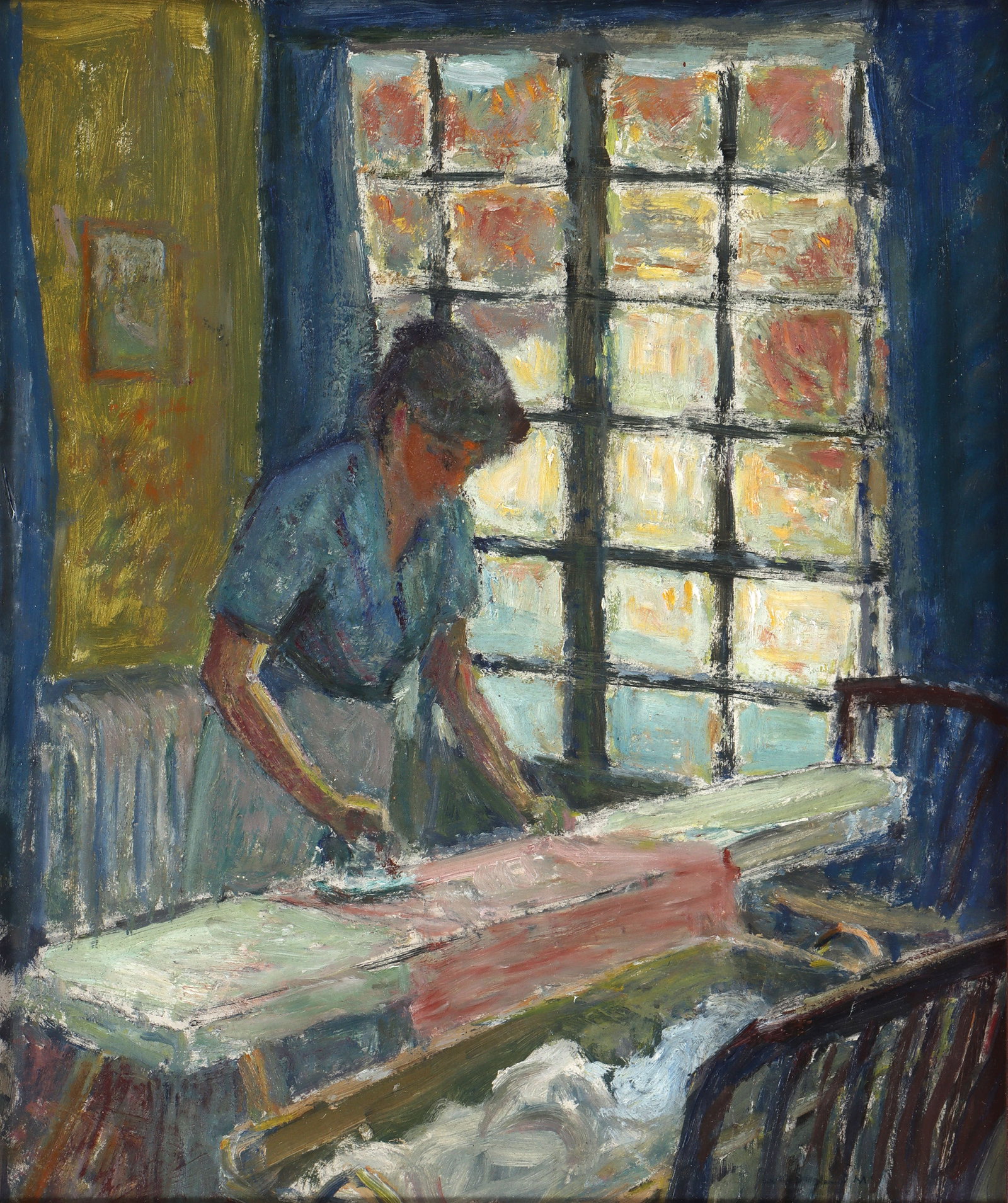 Edward Gregory Smith (American, 1880-1961): Edward Gregory Smith American, 1880-1961 Interior with the Artist's Wife oil on Masonite board signed "Gregory Smith" lower right. Framed under glass. Provenance: Purchased from Old Lyme artist