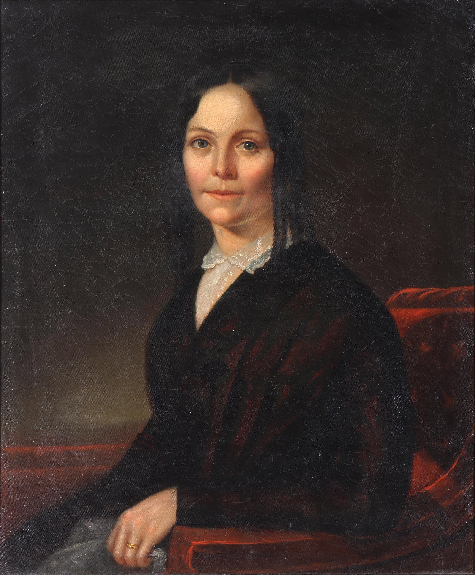American School (19th Century): American School (19th Century), Portrait of a Lady oil on canvas, appears unsigned, circa 1840s. Canvas 30 1/4 x 24 3/4 in. (76.8 x 62.9 cm.); frame 35 x 30 in. (88.9 x 76.2 cm.)