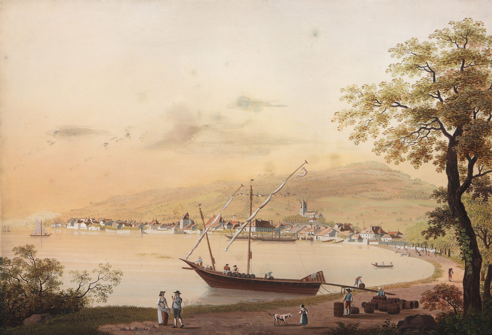Attr. Frederich Georg Wexelberg and Pierre Louis Joyeux (Swiss, 18thC.): Attributed to Frederich Georg Wexelberg and Pierre Louis Joyeux (Swiss, 18th Century), "La Ville de Vevey", gouache over outline etching unsigned. Float mounted or tipped to mount, matted and framed u