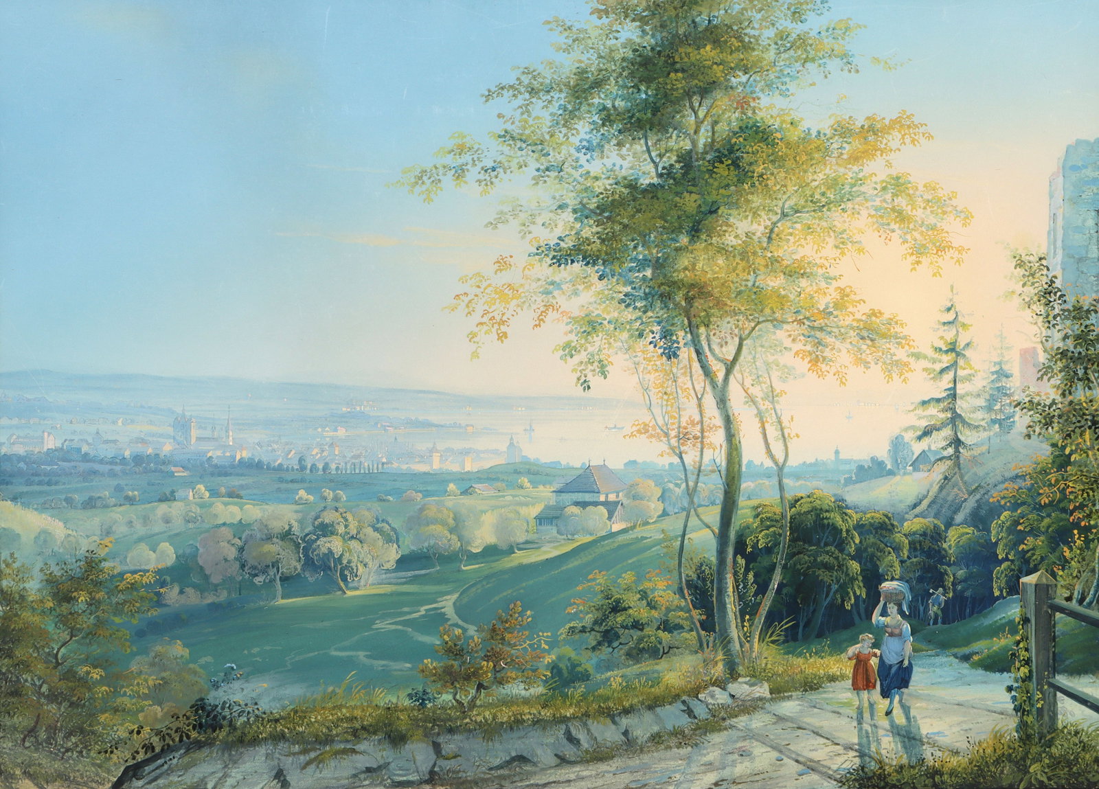 After Johann Heinrich Bleuler (Swiss, 1787-1857): After Johann Heinrich Bleuler Swiss, 1787-1857 View Overlooking Lake Constance gouache on paper unsigned. Matted and framed under glass. Provenance: To present owner by descent from a Swiss-born relat