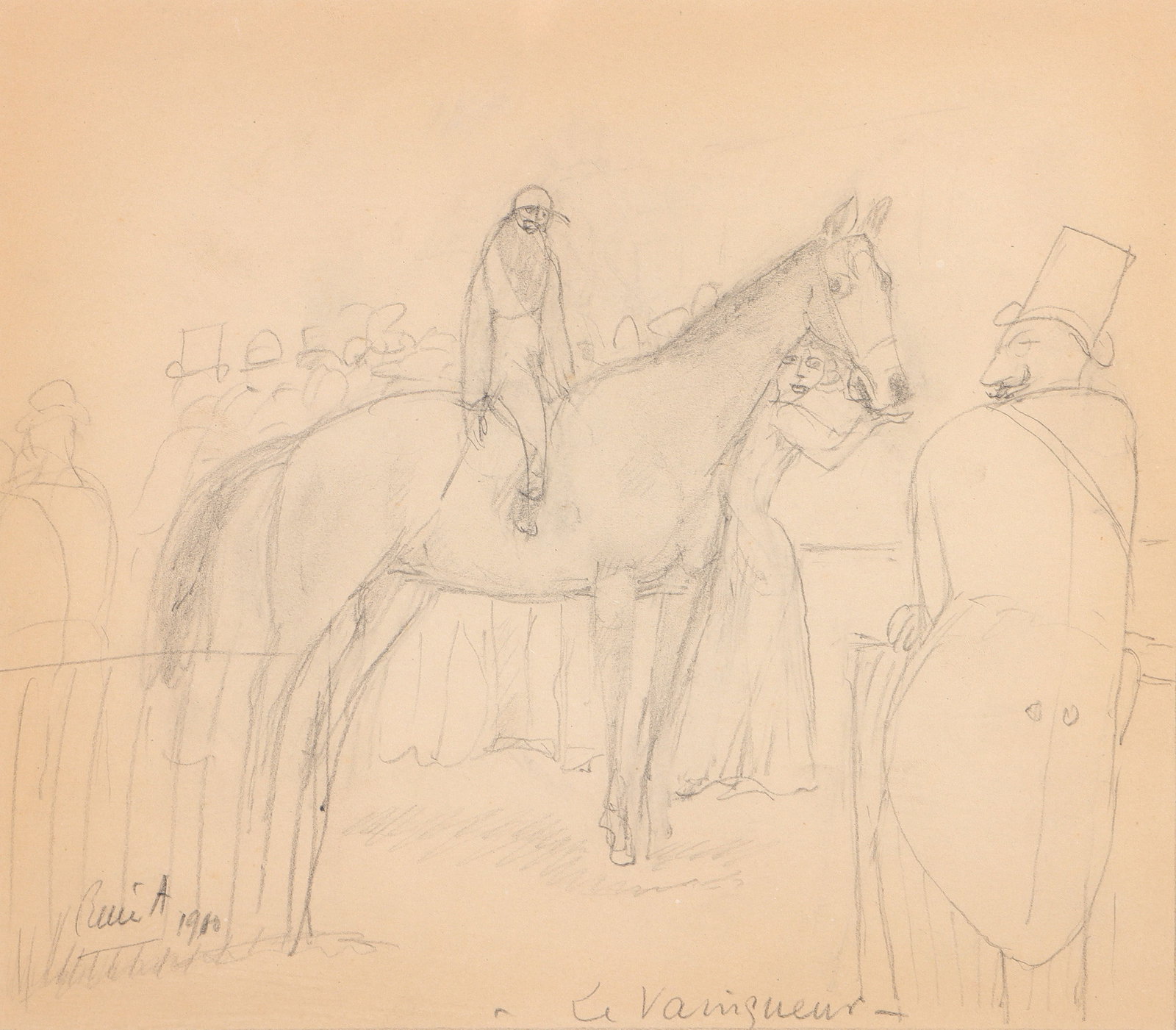 Rene Victor Auberjonois (Swiss, 1872-1957): Rene Victor Auberjonois Swiss, 1872-1957 Le Vainiqueur (The Winner), 1900 pencil on wove paper signed "Rene A" and dated lower left, titled at middle. Conservation mounted to another sheet of wove pap
