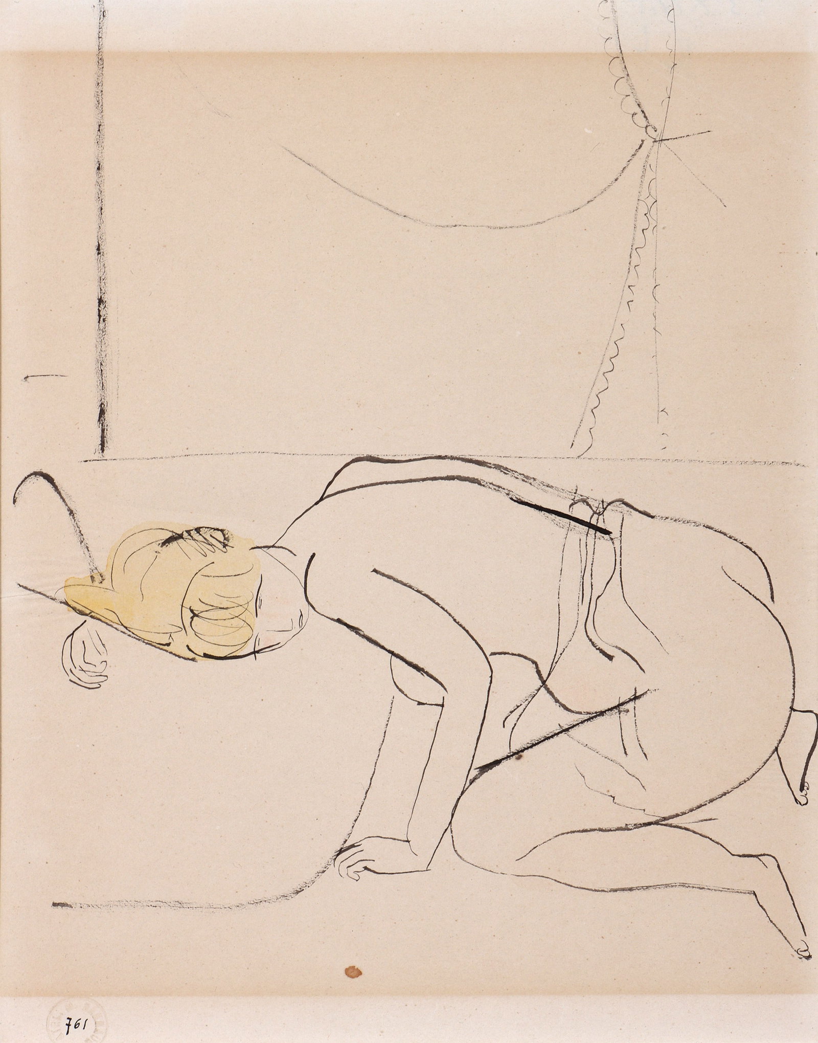 Maurice Barraud (Swiss, 1889-1954): Maurice Barraud Swiss, 1889-1954 Kneeling Female Nude pen, ink and watercolor on wove paper estate stamp lower left. Conservation mounted to mat back, matted and framed under glass. Paper 9 x 7 in. (