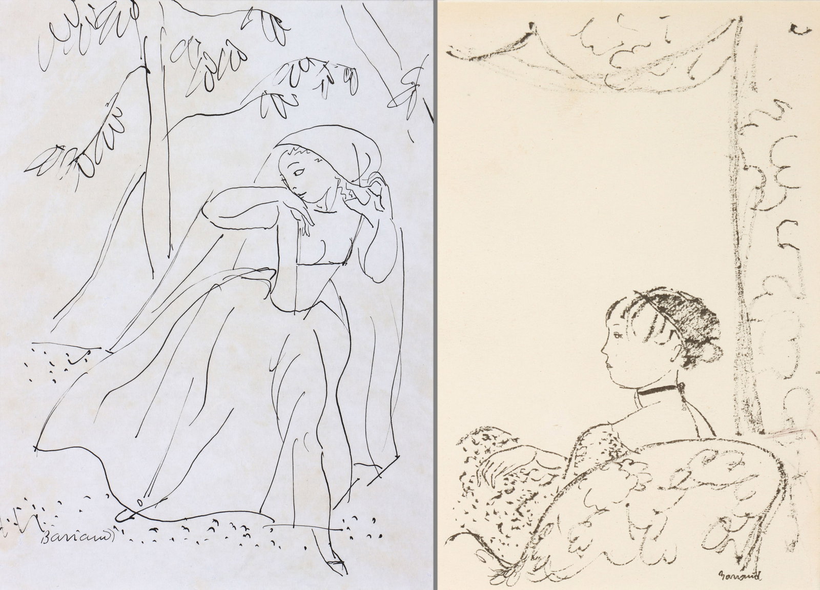 Maurice Barraud (Swiss, 1889-1954): Maurice Barraud Swiss, 1889-1954 Group of (2) Artworks to include: Hooded Lady in the Woods, pen and ink on paper, signed "Barraud" in ink at lower left, (paper treated and reinforced, with one repair