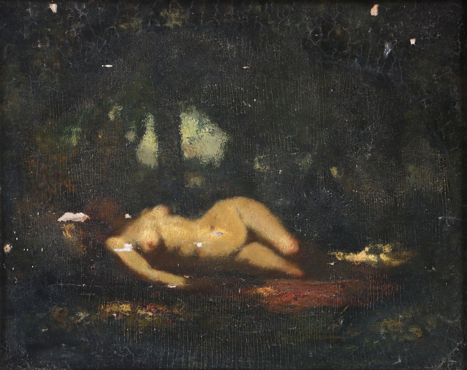 Manner of Jean-Jacques Henner (French, 1829-1905): In the Manner of Jean-Jacques Henner French, 1829-1905 Reclining Female Nude oil on cradled panel appears unsigned. Panel 8 1/8 x 10 1/4 in. (20.6 x 26 cm.), Frame 16 1/4 x 18 1/4 in. (41.3 x 46.4 cm.