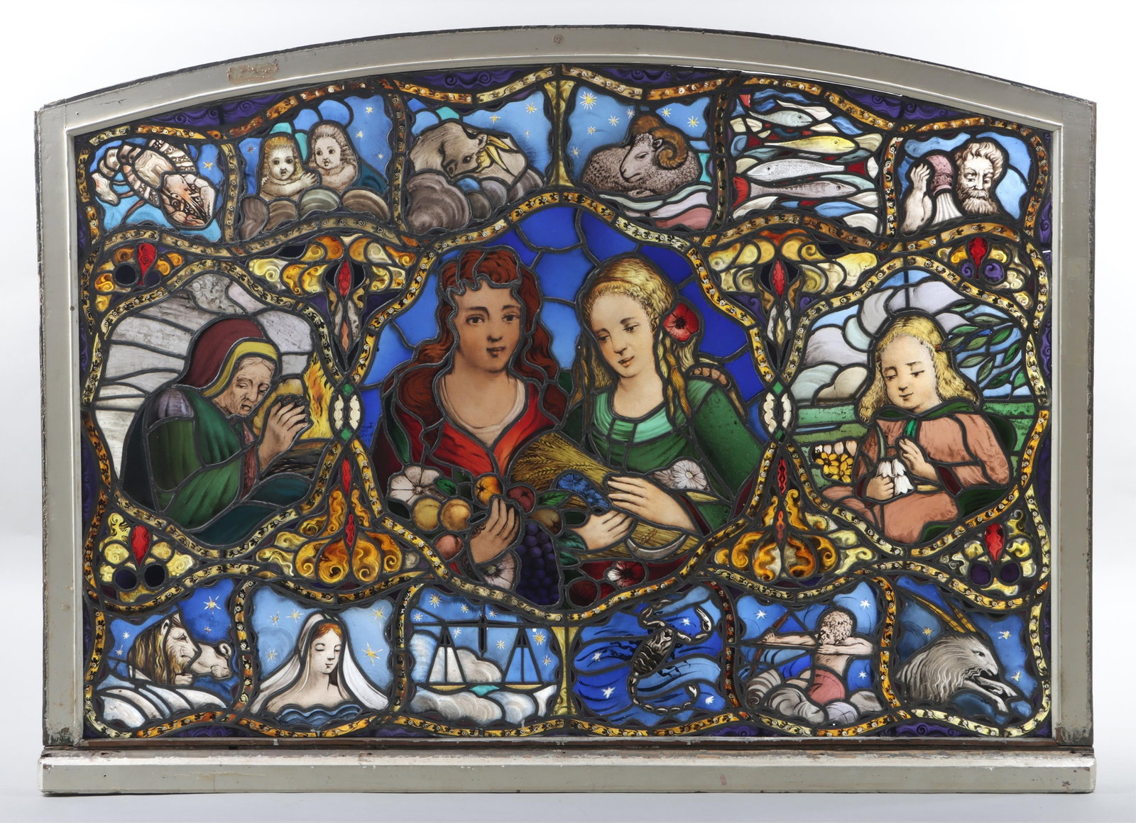 Toon Berg (Dutch, 1877-1967): Anthonius Cornelius "Toon" Berg Dutch, 1877-1967 Labours of the Months/Signs of the Zodiac large polychrome painted, stained and leaded glass panel depicting the Labours of the Months, the Signs of th