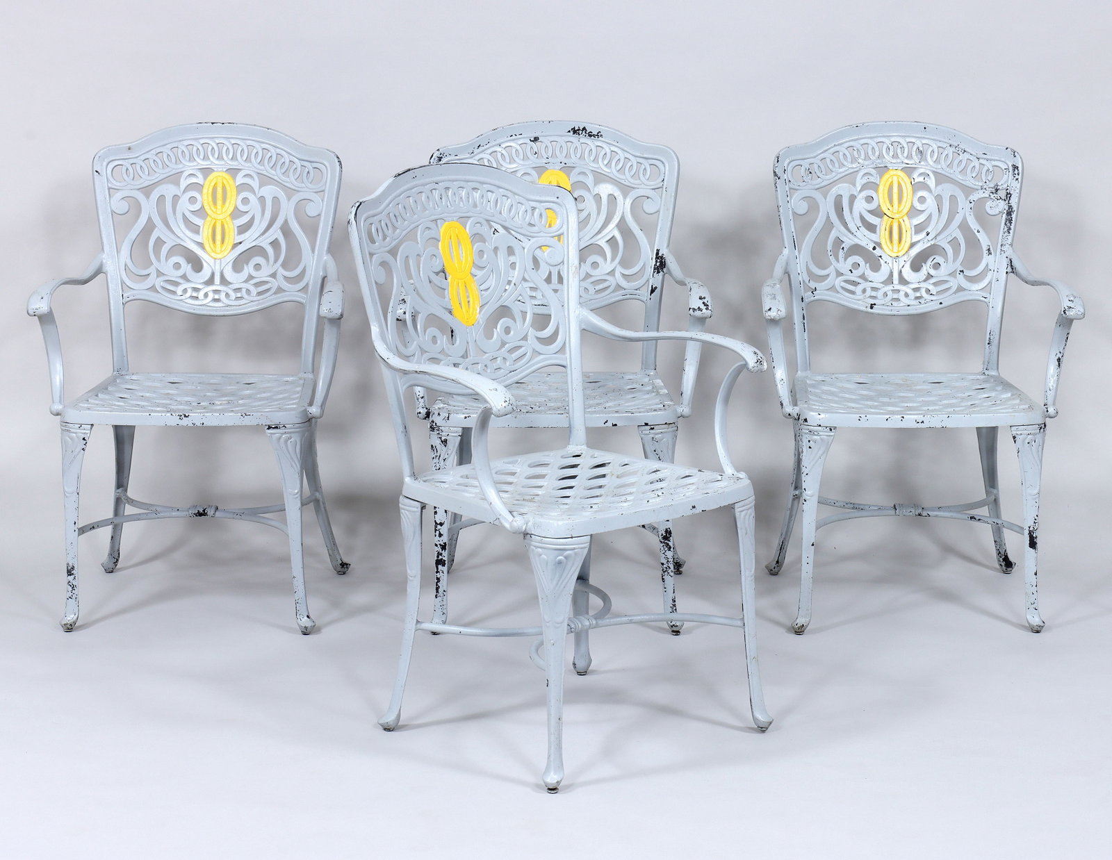 Set of (4) Cast Aluminum Armchairs: Set of (4) Cast Aluminum Art Nouveau Style Armchairs in gray and yellow paint, marked with "K" under seat. 36 1/2 x 23 3/4 x 22 1/2 in. (92.7 x 60.3 x 57.2 cm.)