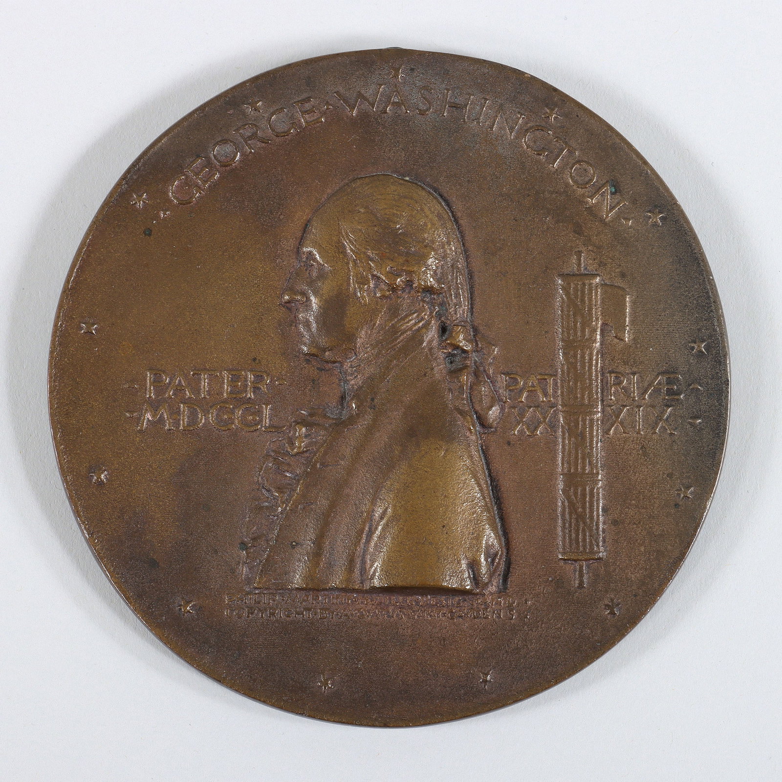 George Washington Bronze Medal: Augustus Saint-Gaudens Irish/American, 1848-1907 George Washington Inaugural Centennial Bronze Medal 1889, modeled by Philip Martiny (French/American, 1858-1927), obverse having left-facing bust of Ge